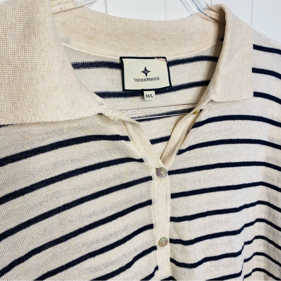 Tuckernuck Clayton Striped Oatmeal & Navy Linen Shirt M/L Coastal Preppy Chic - Picture 4 of 6